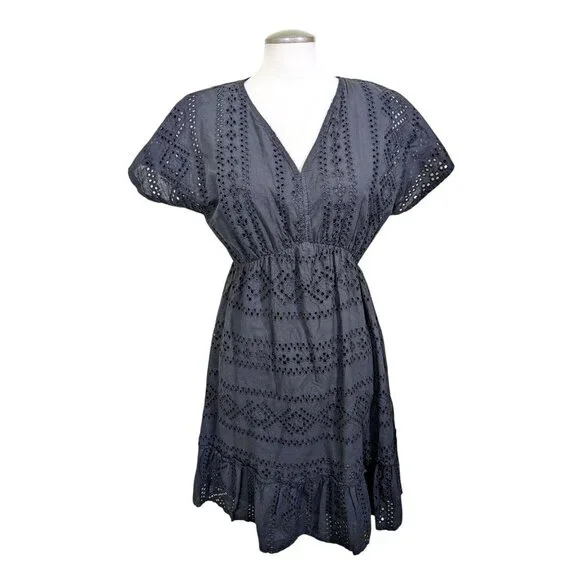 Valentina Naldi Eyelet Baby Doll Dress Size L Black Ruffle Italy Y2K Whimsigoth - Picture 2 of 7